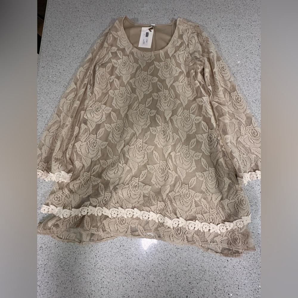 Lace Floral Dress in Beige Cream Appliqué Boutique Dress Small